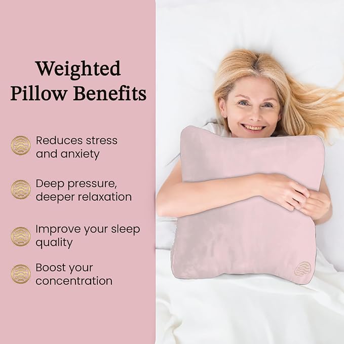 Plush Weighted Pillow 9lbs - Enhances Relaxation and Comfort with Ultra Plush Cooling Fabric - Cool Alternative to Weighed Blanket - Glass Beads Weight, Machine Washable (Velvet, Pink)