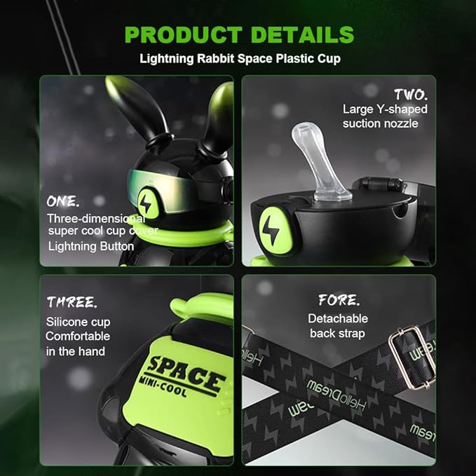 37 Oz Rabbit Water Bottle With Straw, Cool Lightning Space Rabbits Cup, Portable Outdoor Water Bottle, Suitable For Adults And Children Fitness Sports(Black)