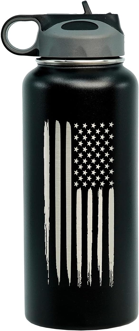 32oz American Flag Stainless Steel Insulated Water Bottle - Engraved USA Flag - American Flag Gift Set | Disabled USMC Vet Owned SMALL Business