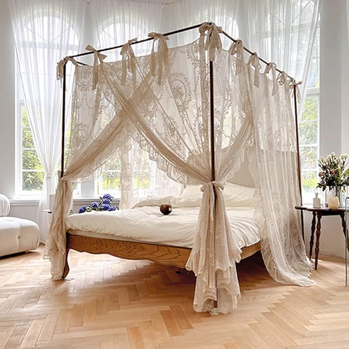 Elegant Lace Princess 4 Corner Post Mosquito Net Romantic for Girls Women Bed Curtain Canopy for Adult Wedding Bedroom Kids Rooms Decoration (Color-C, Full)