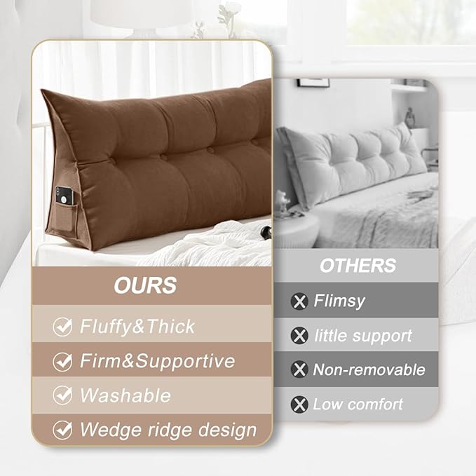 Large Triangular Headboard Pillows Long Backrest Positioning Support Bolster Cushion for Daybed Fluffy Quality Plush Body Wedge Pillow with Removable Cover(Dark brown-Full-54x8x20in)
