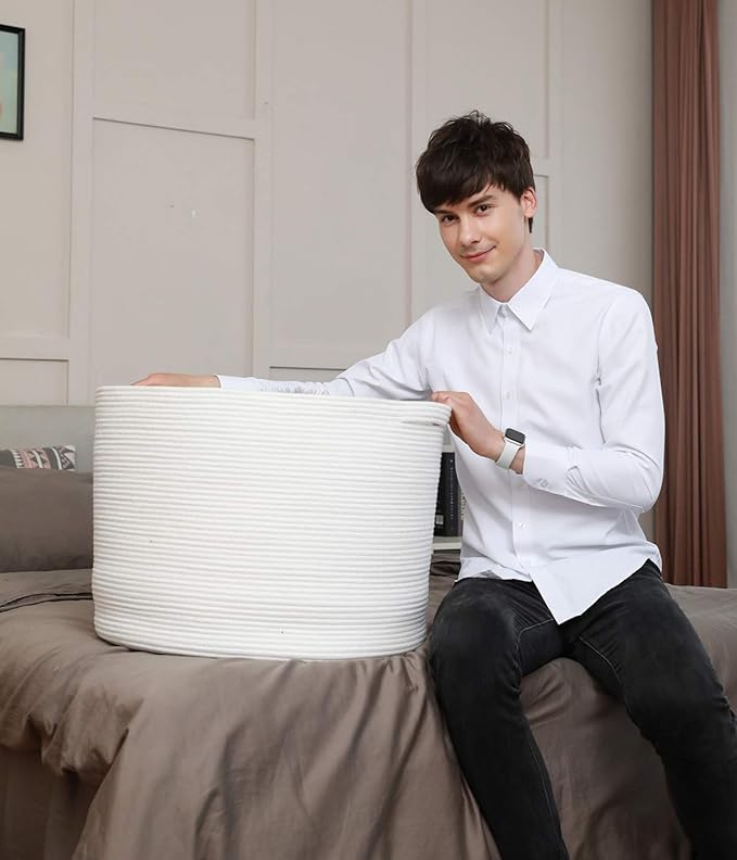 24" x 24" x 17" Max Size Large Cotton Rope Basket, Extra Large Storage Basket, Woven Laundry Hamper, Cloth Storage Bin, for Blankets Clothes Towels Pillows in Living Room, All White