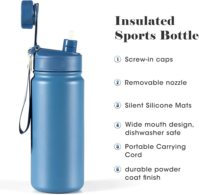 25 oz gym water bottle with straw, leak proof - men's/women's sports metal water bottle - double vacuum insulated stainless steel water bottle for gym, outdoors or traveling