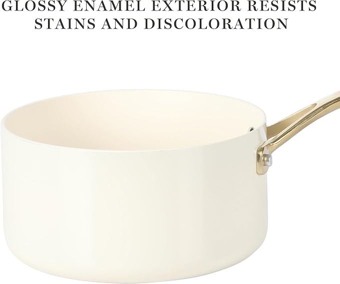 Martha Stewart Galway Premium Nonstick PFA Free Ceramic Interior 10 Piece Heavy Gauge Enamel Aluminum Pots and Pans Cookware Set W/Aluminum Lids - Linen White W/Gold Handle
