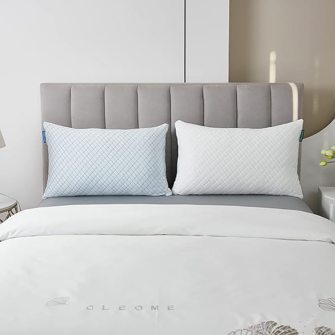 Uniqwamer Cooling Bed Pillows for Sleeping 2 Pack Shredded Memory Foam Adjustable Pillows Queen Size Set of 2 for Side Back Sleepers - Luxury Extra Comfy Gel Pillows with Washable Removable Cover