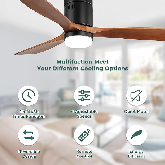 Sofucor 52 inch Ceiling Fan with Lights and Remote Control, Flush Mount Wood Ceiling Fan with Quiet Energy Saving DC Motor, for Living Room, Bedroom and Covered Outdoor