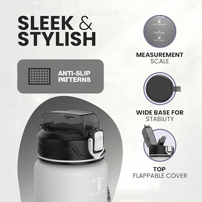 1L Water Bottle with Straw - Leak-Proof & BPA Free Reusable Sports Bottle - Motivational Time Markings for Hydration Durable Drink Bottle for Gym, Sports, Outdoor (White and Black)