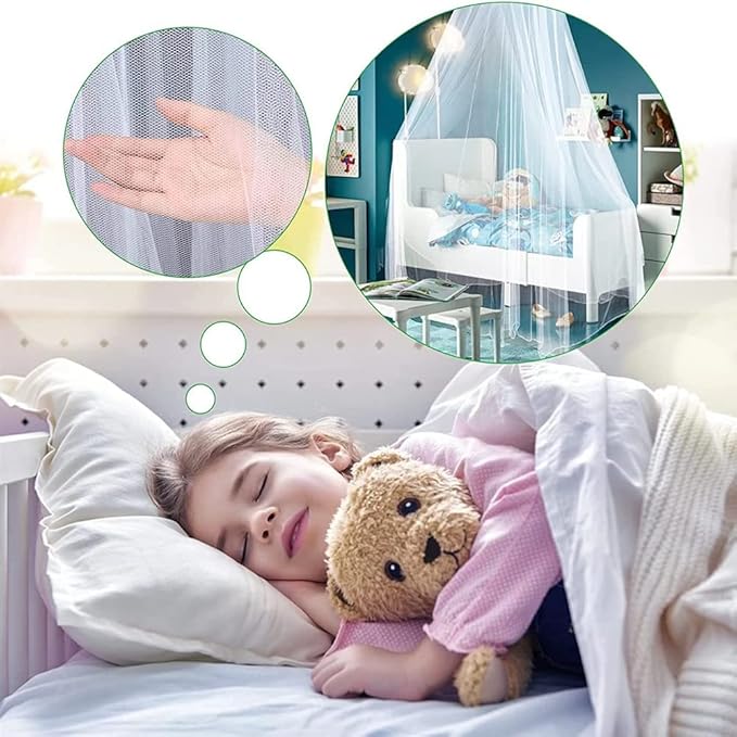 Eimilaly Lace Bed Canopy Mosquito Netting with Warm Lights, Princess Bed Canopy for Girls Room Decor, Blue/Single Door