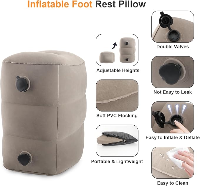 Inflatable Travel Foot Rest Pillow Adjustable 3 Layers Height Leg Rest Pillow Kids Airplane Travel Pillow with Inflatable Bag Airplane Bed for Toddler Car Seat Footrest for Airplane Home Office - Grey