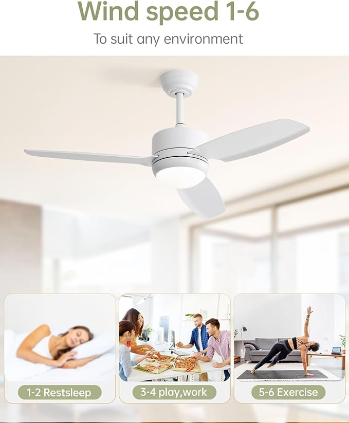 CACI Mall White 46 inch Ceiling Fans with Lights and Remote, Fush Mount low Profile Ceiling Fan, Modern,3 Blade,6 Speed DC Motor,Quiet,Small Ceiling Fan for Bedroom Indoor/Outdoor Use