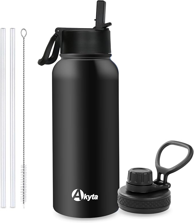 32 Oz Water Bottle, Sports Water Bottle with Straw Lid, Vacuum-Insulated Stainless-Steel, Double-walled Thermos Water Bottle (Black, 32 OZ)