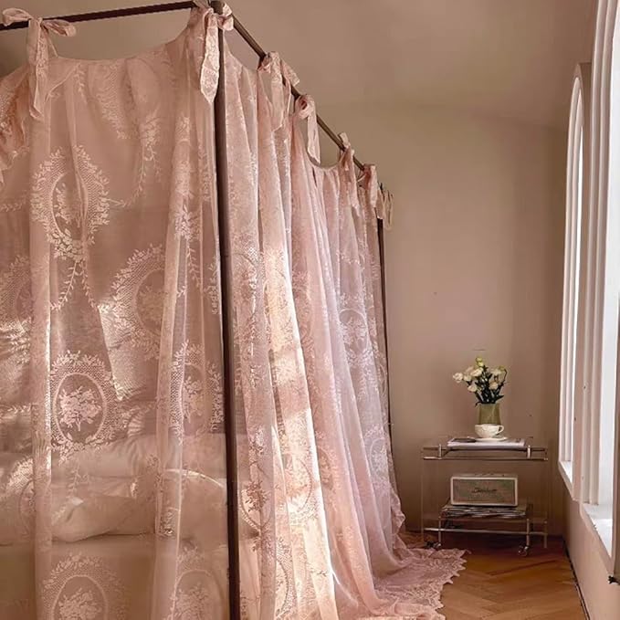 Elegant Lace Princess 4 Corner Post Mosquito Net Romantic for Girls Women Bed Curtain Canopy for Adult Wedding Bedroom Kids Rooms Decoration (Color-B, Queen)