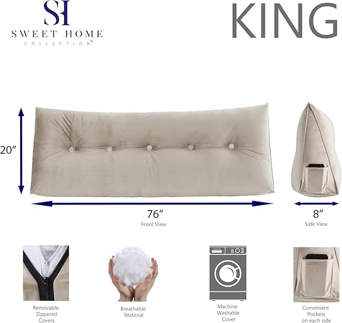 Headboard Pillow King - Bed Wedge Pillow for Headboard - Large & Versatile Triangle Cushion Reading Support Pillow, King - 76", Beige/Cream