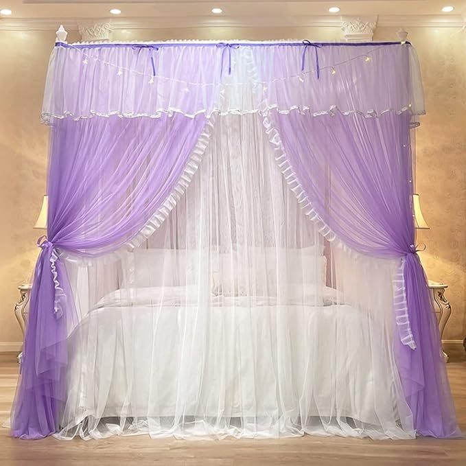 Mengersi Canopy Bed Curtains with Lights,4 Corner Bed Canopy Royal Luxurious Bed Drapes Netting,Princess Bed Curtains for Girls Adults Bedroom Decoration (Purple, King)
