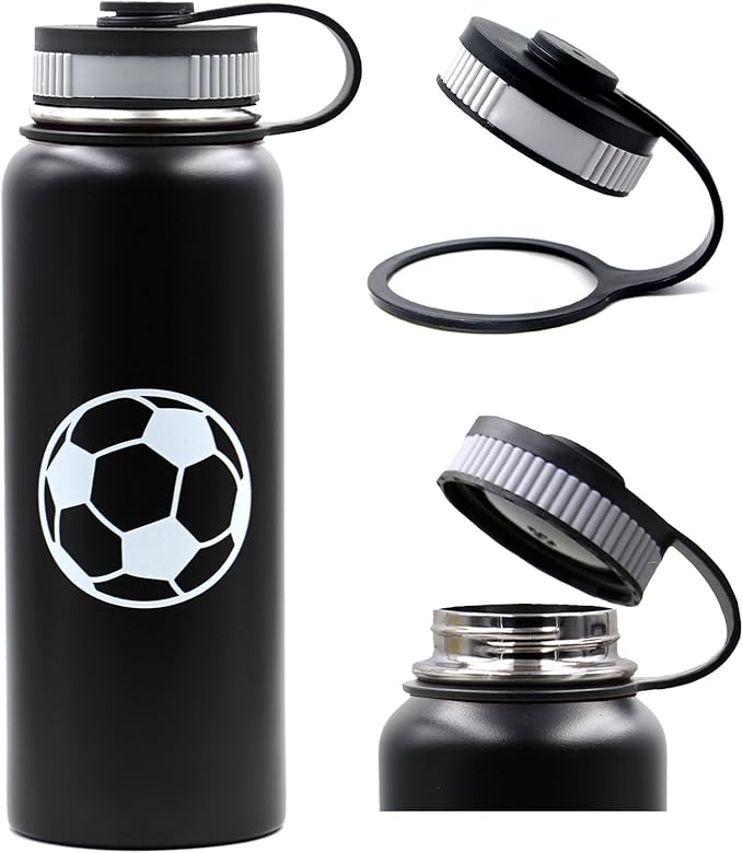 40 oz Soccer Water Bottle, Wide Mouth Travel Sports Flask with 2 Lids（Straw Lid+Flex Cap）BPA Free 18/8 Stainless Steel Double Wall Vacuum Insulated Water Bottles (40oz, Soccer)