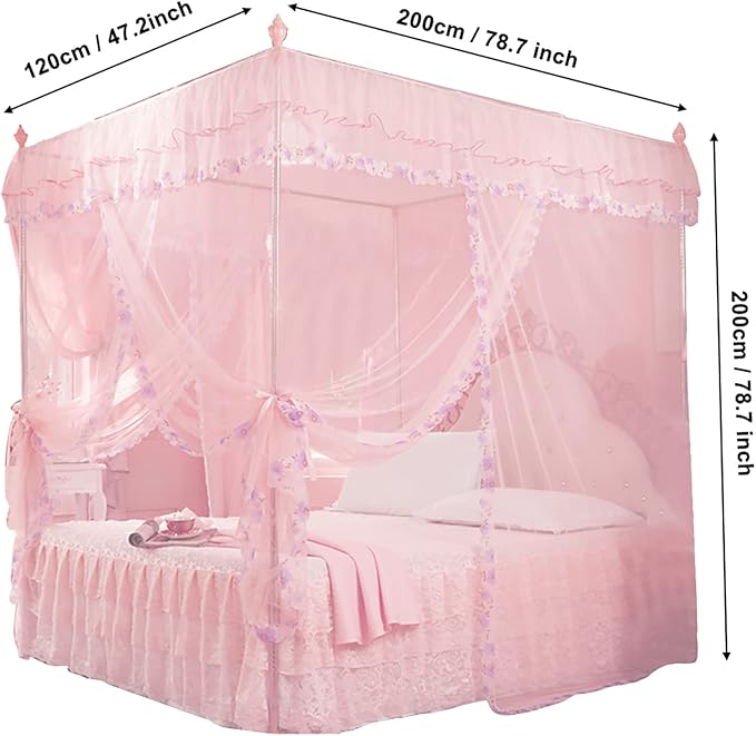 Luxury Princess 3 Side Openings Post Pink Bed Curtains,Four Corner Bedding Bed Canopy net for Bed Princess Bed Girls Room(No Bracket) (Pink)