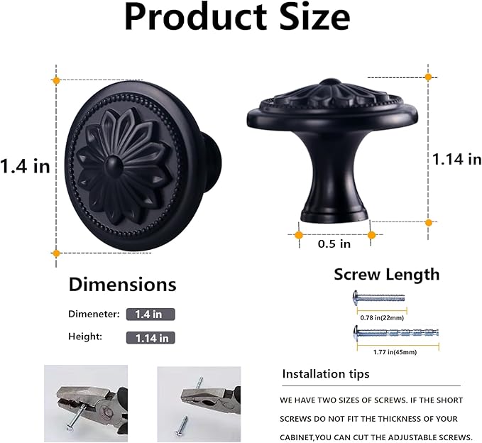 Kitchen Cabinet Knobs, 10 Pack Matte Black Zinc Alloy, 1-2/5'' Round Handles for Cabinets and Drawers Dresser, Included Screws