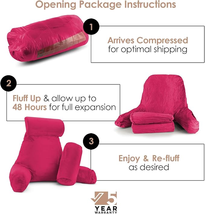 Nestl Reading Pillow Large Bed Pillow, Back Pillow for Sitting in Bed Shredded Memory Foam Chair Pillow, Reading & Bed Rest Pillows Hot Pink Back Pillow for Bed, Bed Chair Arm Pillow with Pockets