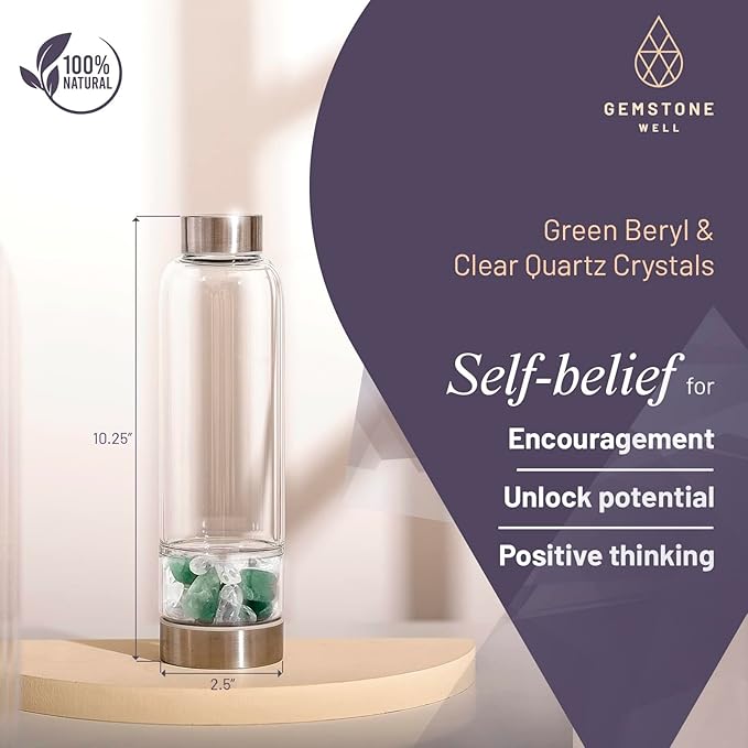Crystal Water Bottle Elixir Set | Includes Authentic Green Beryl & Clear Quartz Healing Crystals | Black Neoprene Sleeve | Drink Gem Infused Water On The Go