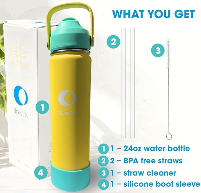 24oz Stainless Steel Vacuum Insulated Water Bottle with Straw Lid and Cleaning Brush, BPA Free, Leakproof, Temp Control, for Hot and Cold Drinks (Vibrant Lemon, 24oz)