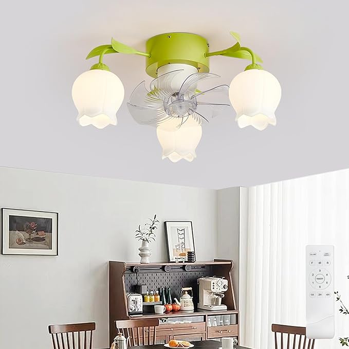 Flower Ceiling Fan with Light: Green Flower Fan Lights for Girls Bedroom - Flush Mount Fandelier for Living Room - 3-Light Modern Chandelier with Fan for Home Decor Enthusiasts