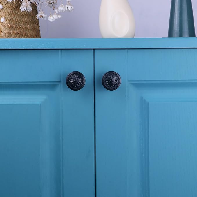 Kitchen Cabinet Knobs, 10 Pack Matte Black Zinc Alloy, 1-2/5'' Round Handles for Cabinets and Drawers Dresser, Included Screws