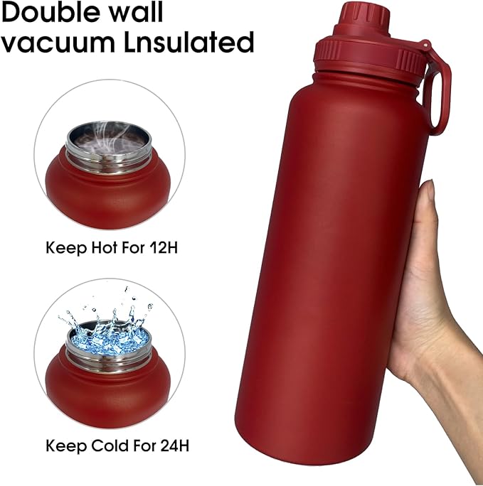 40oz Insulated Water Bottle ，Stainless Steel Sports Water Cup Flask with 2 Lids, Wide Mouth Travel Thermal Mug,Outdoor Sports Bottle（Deep red）