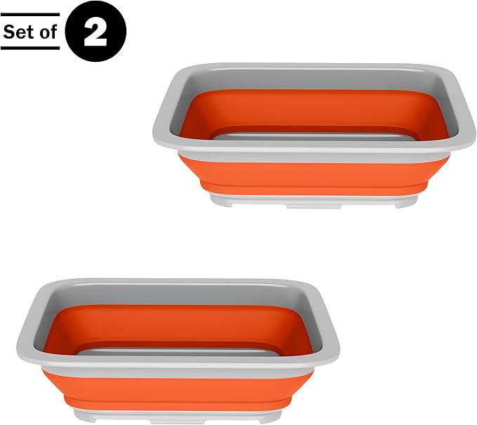 Set of 2 Multipurpose Wash Bins – 10-Liter Basins for Travel or Cleaning – Collapsible Bucket Camping Accessories by Wakeman (Orange)