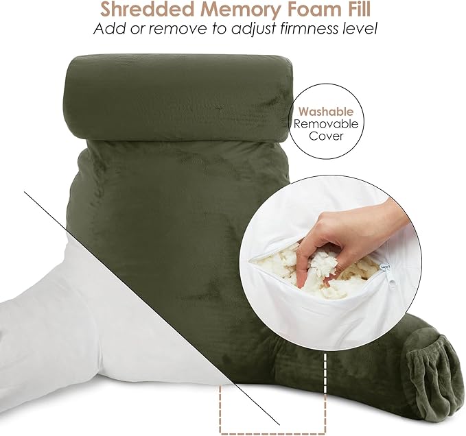 Nestl Reading Pillow Large Bed Pillow, Back Pillow for Sitting in Bed Shredded Memory Foam Chair Pillow, Reading & Bed Rest Pillows Olive Green Back Pillow for Bed, Bed Chair Arm Pillow with Pockets