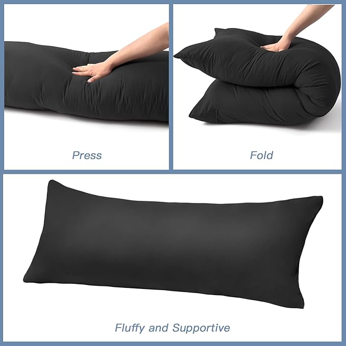 DOWNCOOL Luxury Full Body Pillow Insert with Fiber Cover - Ultra Soft Body Pillow for Sleeping - Breathable Long Bed Pillow Insert, 20"x54"(Black, with Cover)