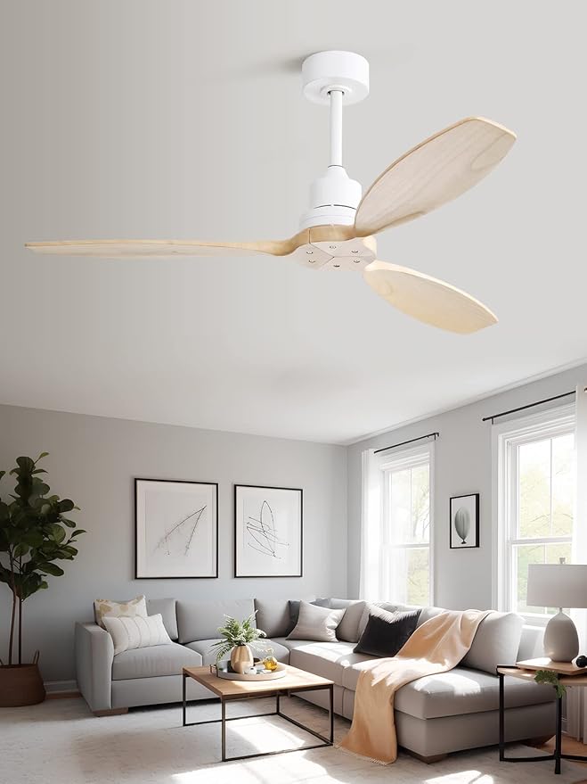 Sofucor 52" Ceiling Fan no Light with 3 rods, Outdoor Ceiling Fan without Light, Modern Ceiling Fan with Remote and Quiet Energy Saving Motor, 6 Speeds, Light Wood Blade & White Downrod