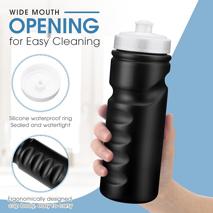 24 Pcs Sports Water Bottles Bulk 20 oz Squeeze Bottle Black Reusable Plastic Water Bottles with Pull Top Cap Leak Proof Water Bottles for Adults Kids Gym, Hiking, Camping, Outdoor Sports