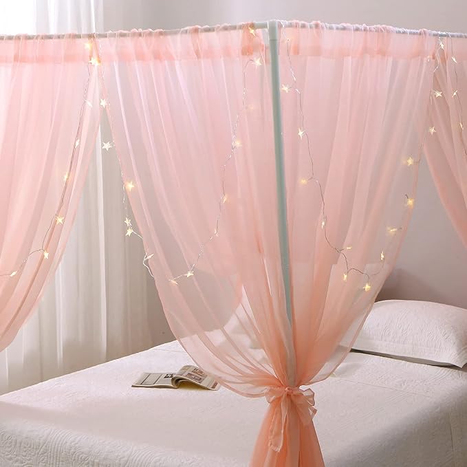 Canopy Bed Curtains Twin, Chiffon Princess Bed Canopy, Bed Drapes for Girls Room Adults(Pink)