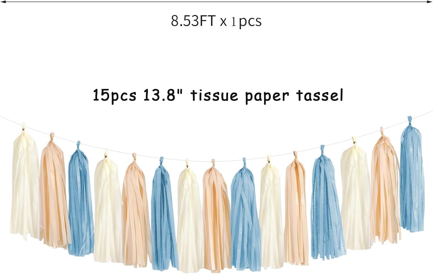 Dusty-Blue Baby-Shower Party-Decorations Tassel-Garland - 15pcs Neutral Boho Birthday Wedding Bridal Tassels, Beige Champagne Banner Streamers, Engagement Bachelorette Decor Panduola