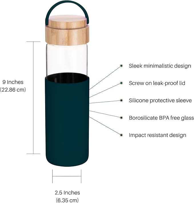 20 oz Borosilicate Glass Water Bottle with Leak-Proof Bamboo Lid and Silicone Handle and Protective Sleeve (TEAL) - BPA Free - Easy to Carry - Dishwasher Safe