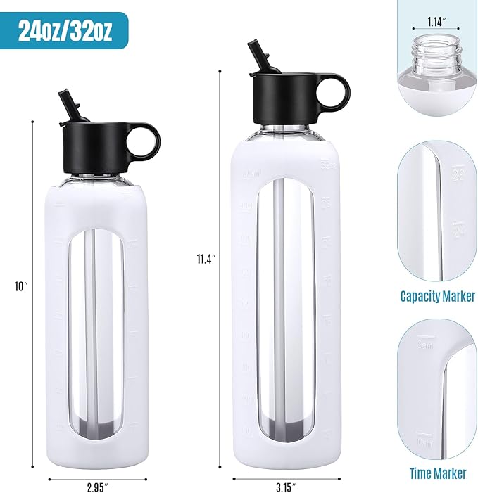 24oz Glass Water Bottle With 2 Lids-Flip Straw Lid, Bamboo Lid, Glass Water Bottle With Silicone Sleeve, Motivational Time Marker, Glass Juice Bottle for Cold Drink,White
