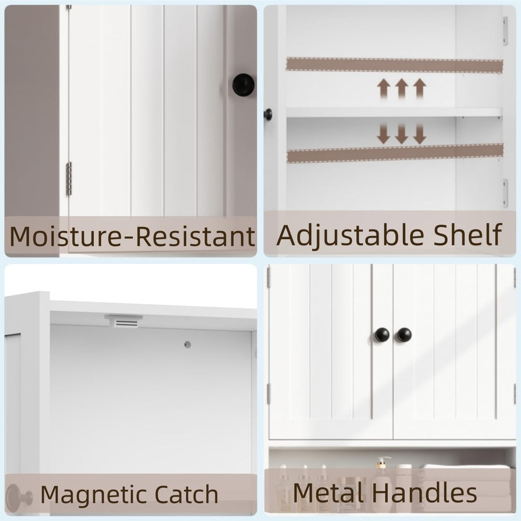 White Bathroom Cabinet Wall-Mounted, Storage Cabinets with Adjustable Shelves, Space-Saving Organizer with 2 Doors for Bathroom, Laundry, Kitchen - Moisture Resistant & Easy Install