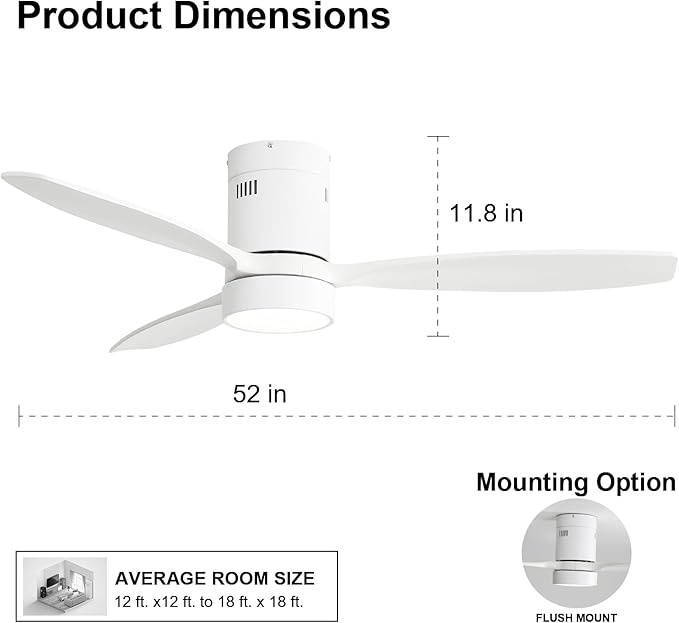 Sofucor 52 Inch Low Profile Ceiling Fan with Lights Remote Control Wood Blades Reversible DC Motor Modern Ceiling Fan for Kitchen, Bedroom, Basement, Dining, Living Room, White wood
