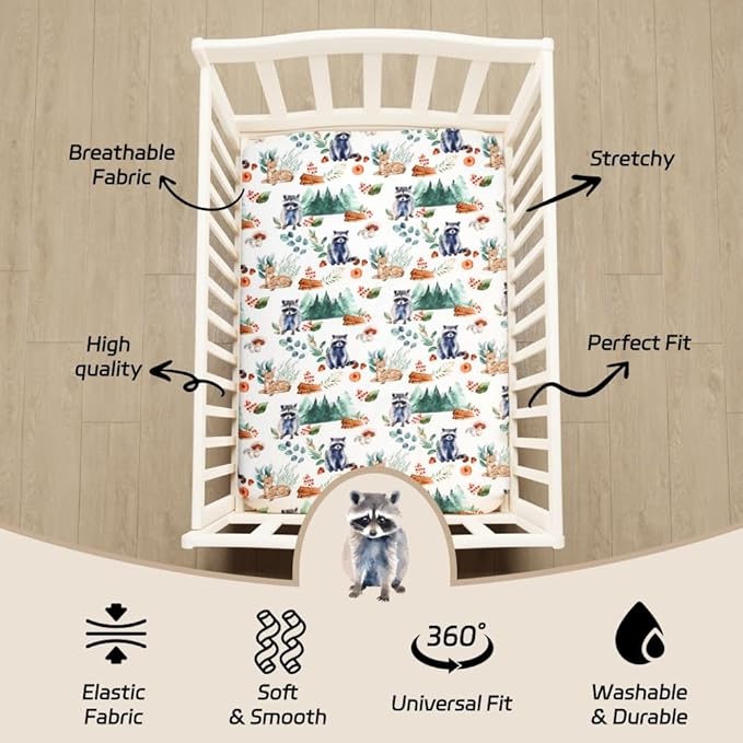 4 Pack Woodland Forest Animals Wood Neutral Unisex Fitted Baby Crib Sheets Set for Baby Boys or Girls (Raccoon, 52 * 28)