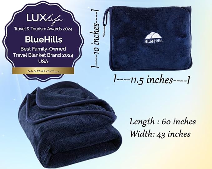 BlueHills Premium Soft Travel Blanket Pillow Airplane Blanket Packed in Soft Bag Pillowcase with Hand Luggage Belt and Backpack Clip, Compact Pack Large Blanket for Any Travel (Navy Blue T002)