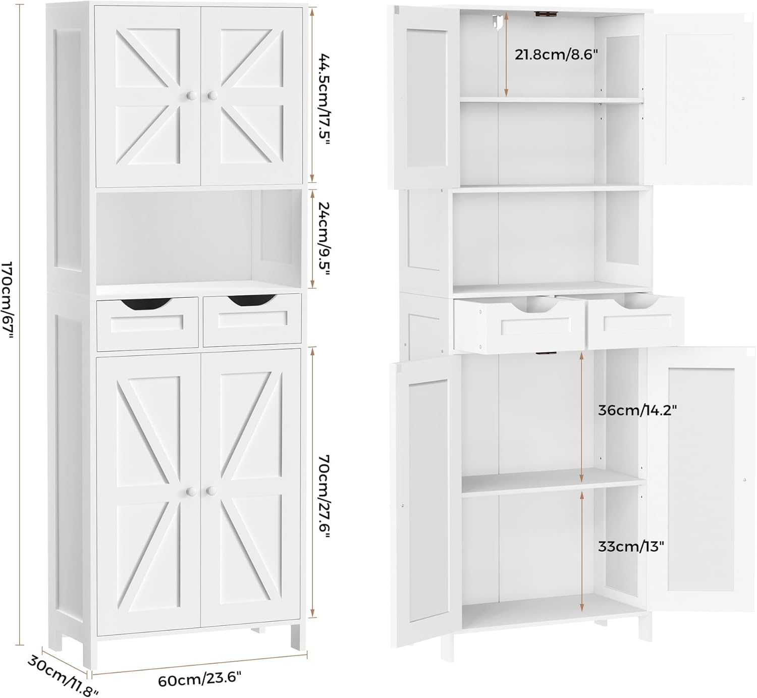 ANWBROAD 67” Bathroom Storage Cabinet Tall Storage Cabinet with Adjustable Shelves and Drawers Freestanding for Bathroom Kitchen Pantry Living Room Cabinet USBC002W