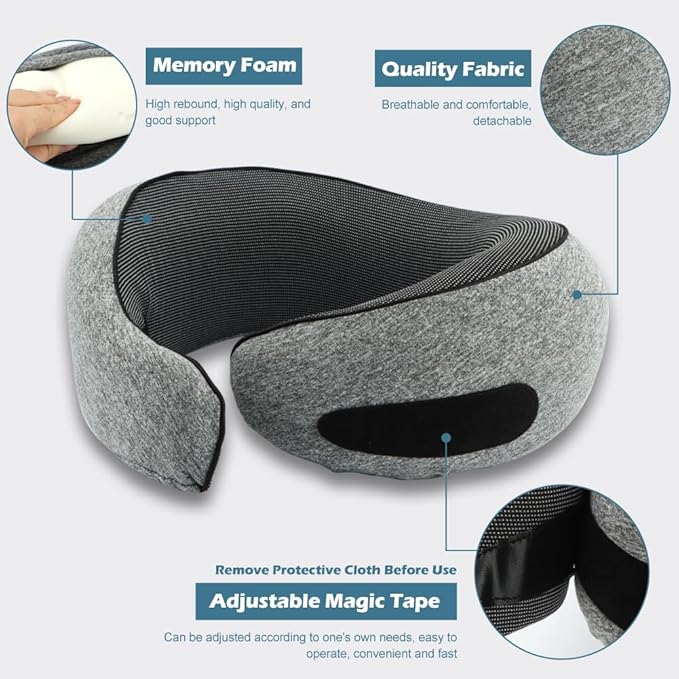 Travel Neck Pillow with Eye Covers,2pcs Earplug and Drawstring Bag,Memory Foam Travel Pillow,360° Adjustable Full Surrounding Flying Neck Pillows,for Traveling,Car,Home,Office