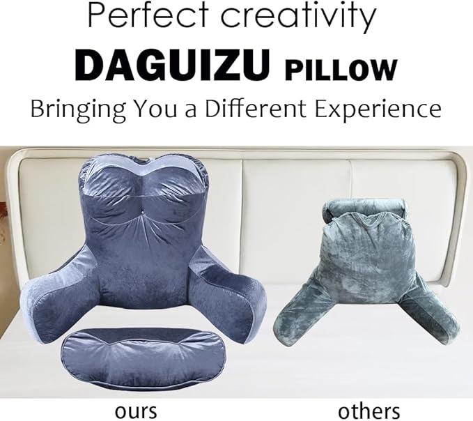 Reading Pillow 31”Wx21”H Back Pillow for Bed Sitting Up, Bed Pillow with Shredded Memory Foam with Arm Backrest, Back Support Pillow with Leg Pillow and Pocket for Reading/Gaming/Relaxing