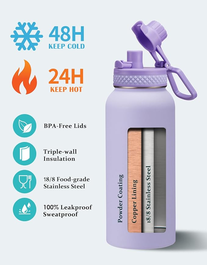 32/40/64 OZ Insulated Water Bottle - with Straw Auto Spout Lid, 32 oz Water Bottles Sleeve, Paracord Handle, Protective Boot, Metal Thermos Stainless Steel Flask Cup for Women Work Sports Gym Travel