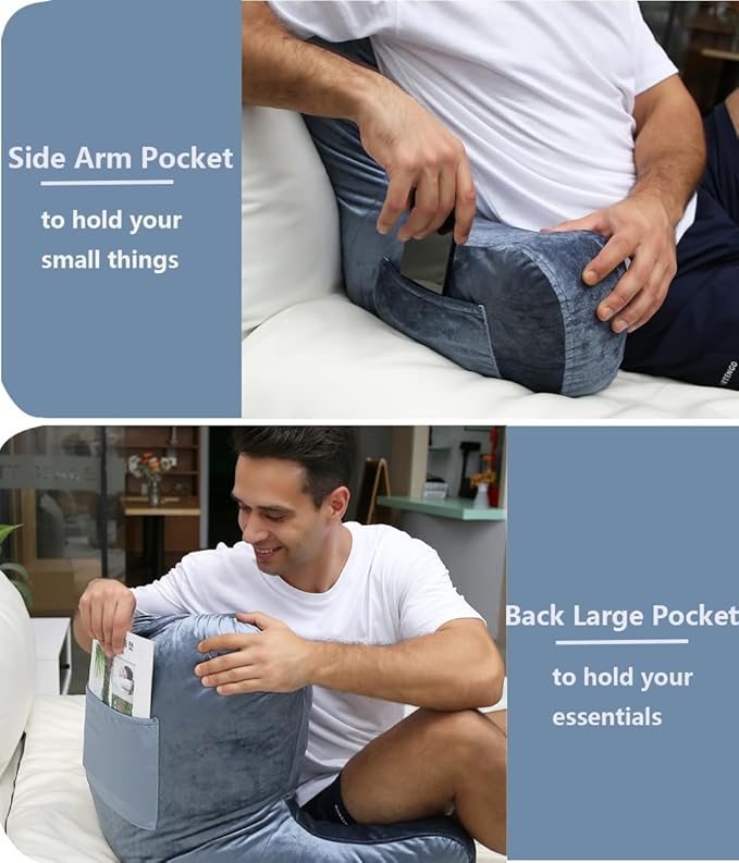 Reading Pillow 31”Wx21”H XL Back Pillow for Bed Sitting Up, Bed Pillow with Shredded Memory Foam Back Pillow for Bed Sitting up Back Support Pillow with Leg Pillow and Pocket for Reading