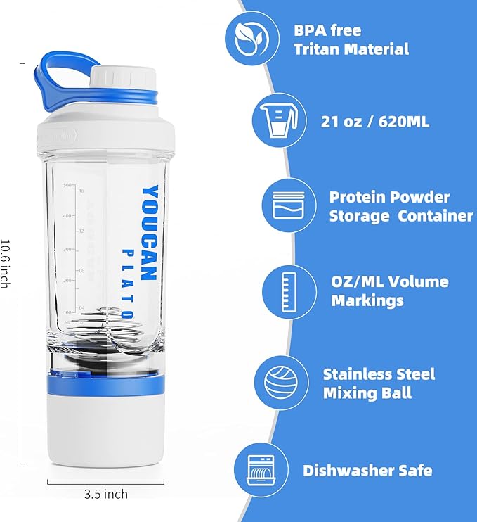 21oz Protein Shaker Bottle with Powder Storage Container-Shaker Cups for Protein Shakes-pre workout bottle-Mixer Cup-Gym Sport Water Bottle -Made with Tritan BPA Free,with Wire Whisk Balls (Blue)
