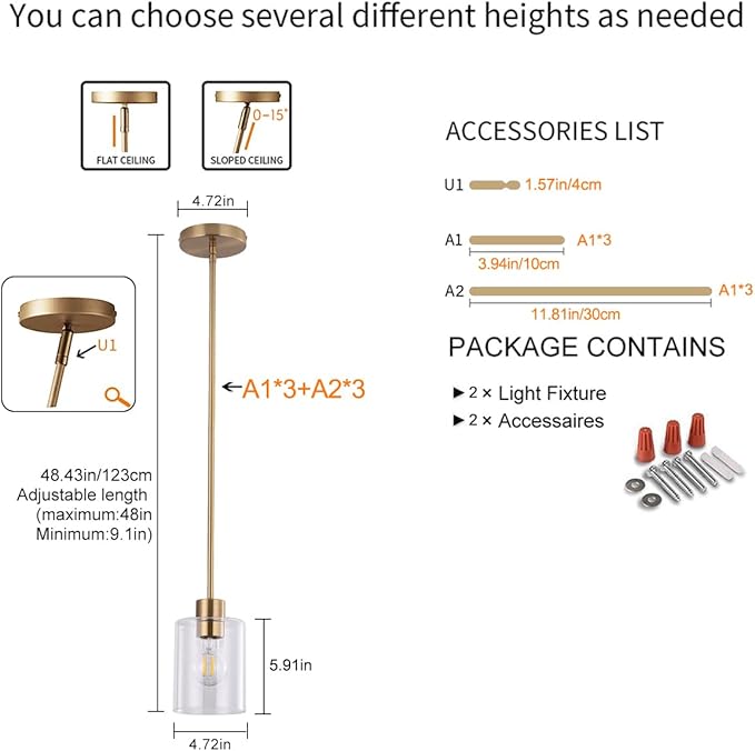 Brass Pendant Lights Kitchen Island,Modern Farmhouse Clear Glass Pendant Light,Gold Light Fixture Kitchen Pendant Mini Hanging Light Fixture for Sink (Brass 2 Pack stem Rod)