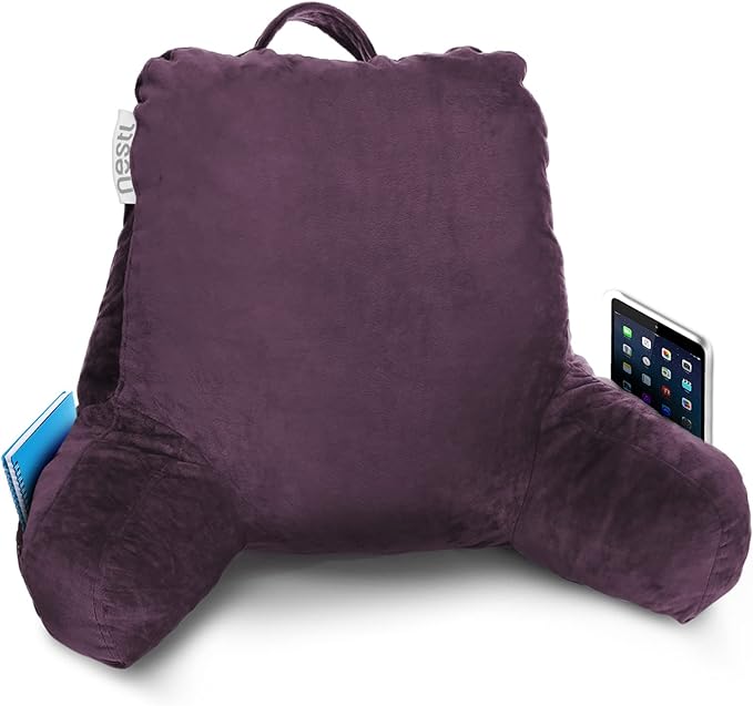 Nestl Reading Pillow Standard Bed Pillow, Back Pillow for Sitting in Bed Shredded Memory Foam Chair Pillow, Reading & Bed Rest Pillows Purple Back Pillow for Bed, Bed Chair Arm Pillow with Pockets
