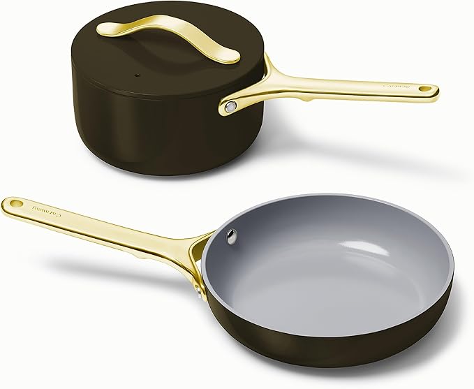 Caraway Mini Cookware Set - Non-Stick Ceramic Fry Pan (1.05 qt, 8") & Sauce Pan (1.75 qt) - Non Toxic, PTFE & PFOA Free - Oven Safe & Stovetop Agnostic (Gas, Electric & Induction) - Black