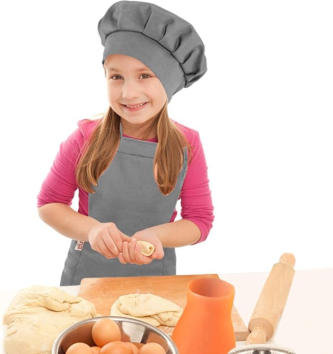 Kids Apron and Chef Hat Set-Adjustable Child Apron for Boys and Girls for Cooking Baking Dark Grey